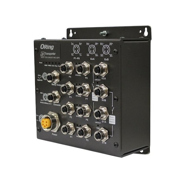 Oring Industrial Networking EN50155 IP40 8x 10/100TX M12 + 2x 10/100/1000TX M12 with HW Bypass feature TES-3082GT-M12-BP1 - main